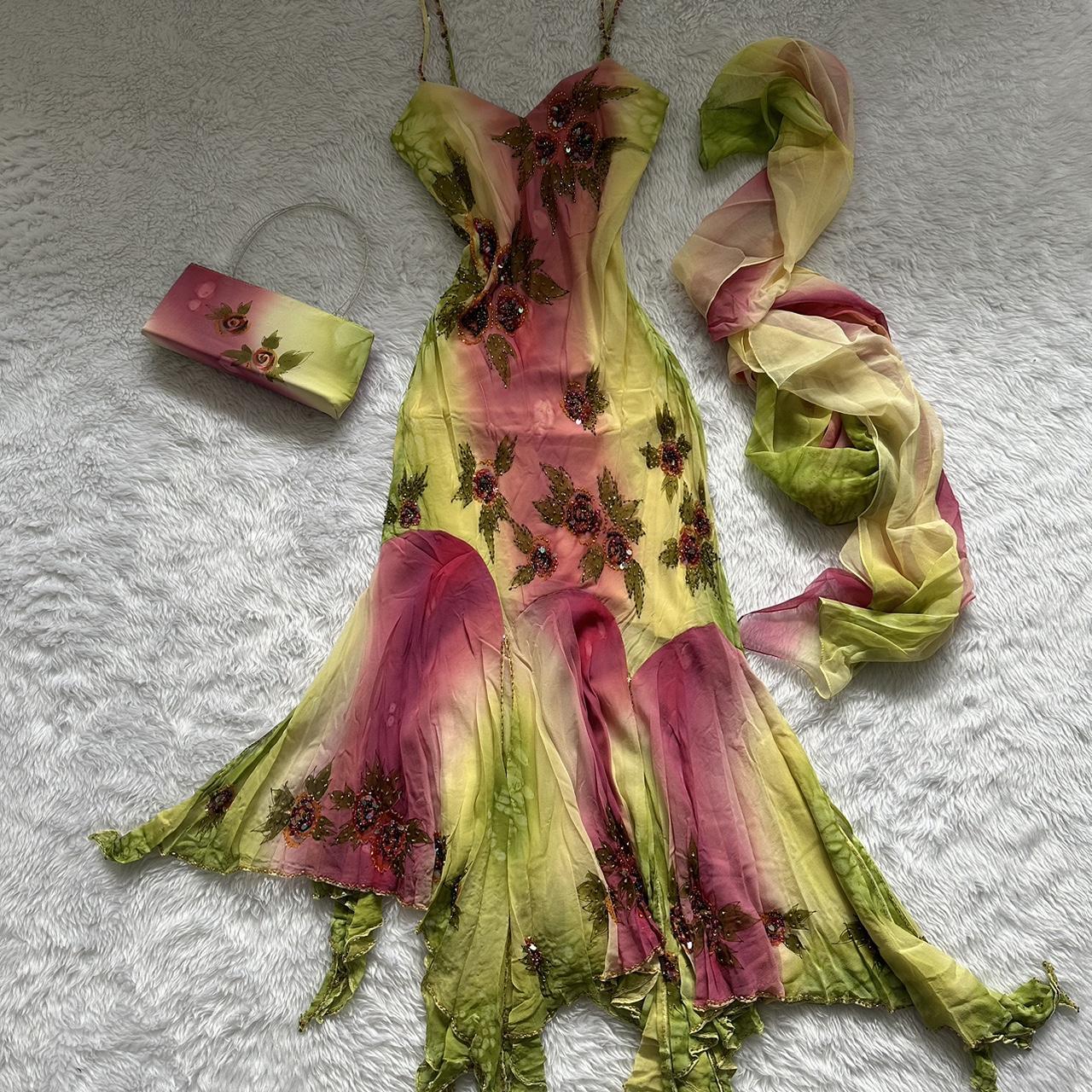 Robe de soirée élégante et raffinée, en mousseline de soie, à bretelles spaghetti, dégradé de rose et de vert, à volants, robe de bal, gh3620