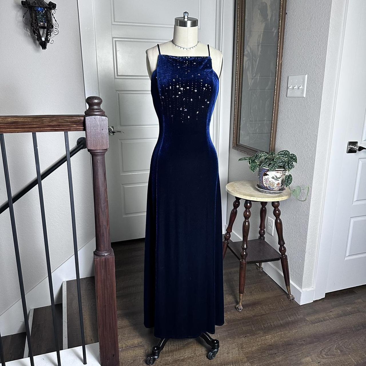 Dunkelblaues Vintage 90er Jahre Samtkleid mit U-Boot-Ausschnitt und Perlenbesatz, langes Ballkleid, Abendkleid, Partykleid, gh4342