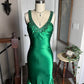 Robe de soirée moulante longue en satin vert brillant, style vintage, sexy, col en V, strass, dos nu, robe de bal formelle, gh3688