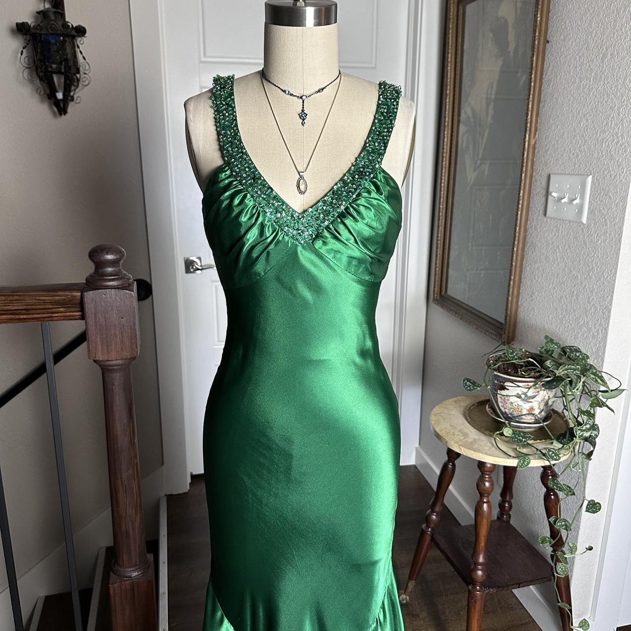 Robe de soirée moulante longue en satin vert brillant, style vintage, sexy, col en V, strass, dos nu, robe de bal formelle, gh3688