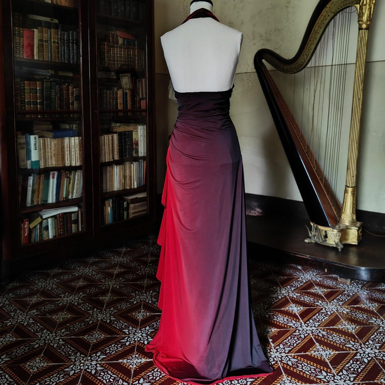 Girlhomeshops – Burgunderrot-Schwarz-Farbverlauf, Retro-Mode, langes Chiffon-Feenkleid, Ballkleid, GH5545