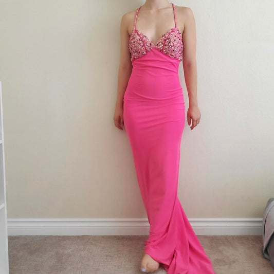 Robe de soirée longue en satin rose élégante, col en V, perles exquises, bretelles spaghetti, dos nu, lacets, robe de bal, robe de soirée gh3580