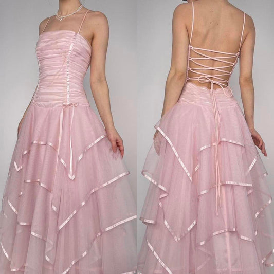 Girlhomeshops-$169.00 Pink multi-layered fashionable and elegant long tulle ball gown evening dress graduation dress gh5142