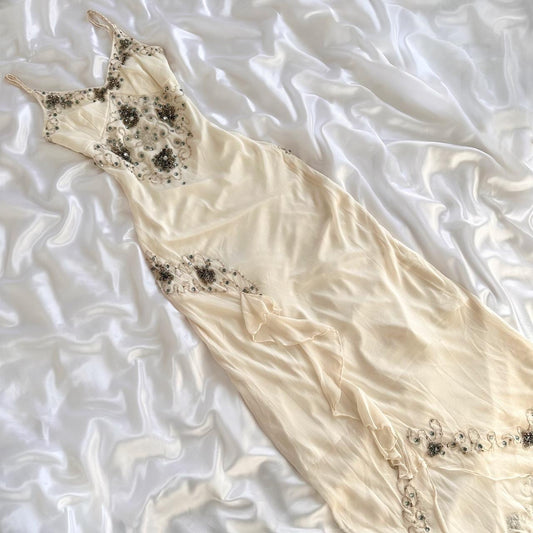 Robe de soirée longue en mousseline de soie, élégante et brillante, faite à la main, avec perles et pierres précieuses, personnalisée, gh3749