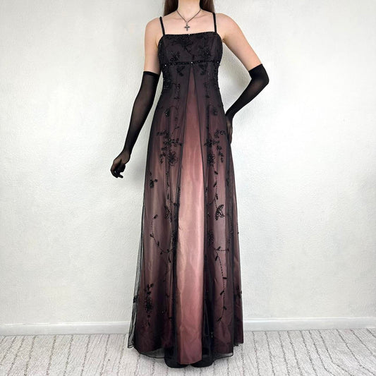Girlhomeshops--Vintage black brown pink vampire gothic empire dress renaissance beaded floral formal dress prom dress gh5498