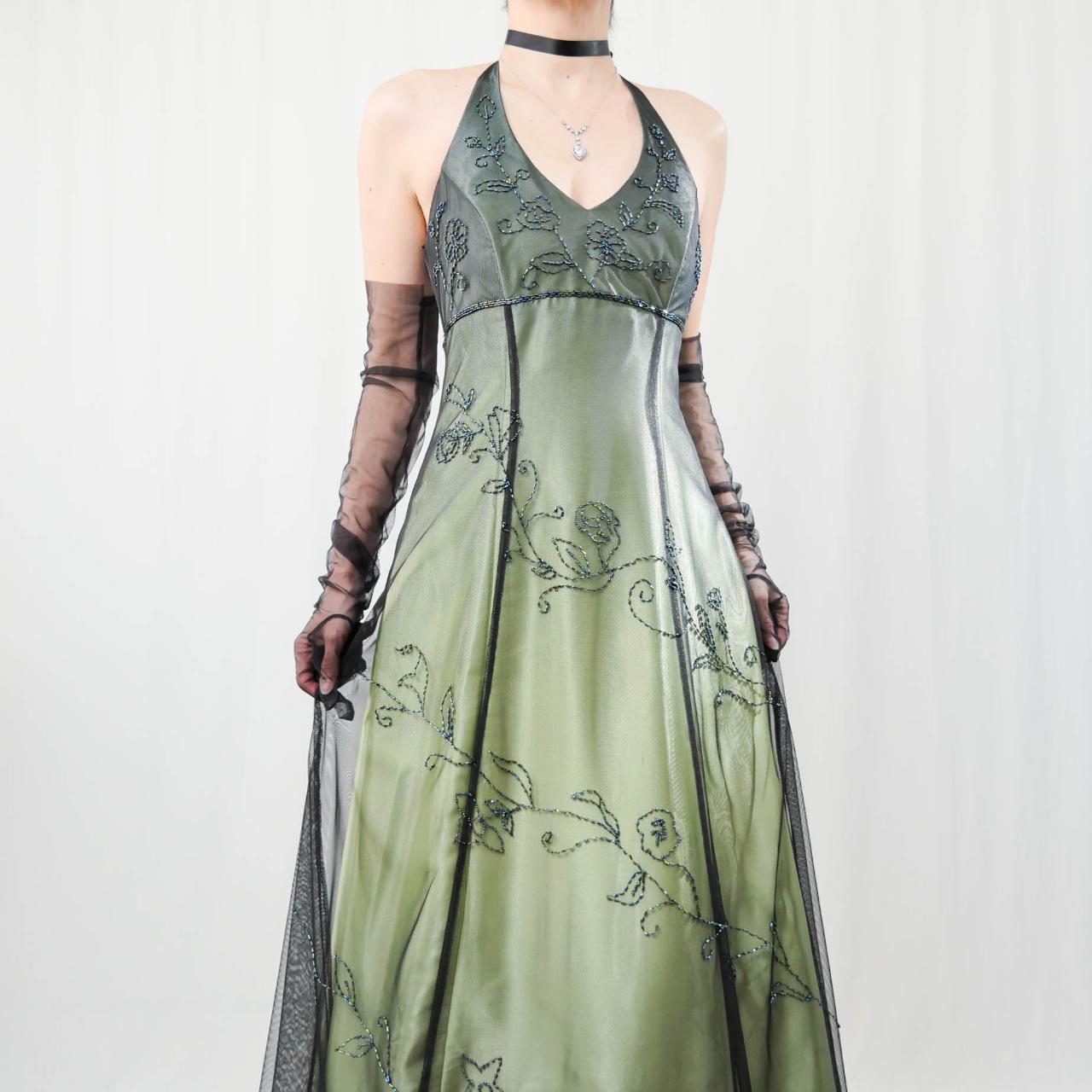 Green Vintage Ombre Floral Beaded Empire Waist Halter Long Chiffon Tulle prom dress Evening Gown Party Dress gh3606