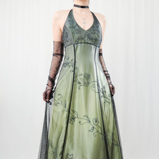 Green Vintage Ombre Floral Beaded Empire Waist Halter Long Chiffon Tulle prom dress Evening Gown Party Dress gh3606
