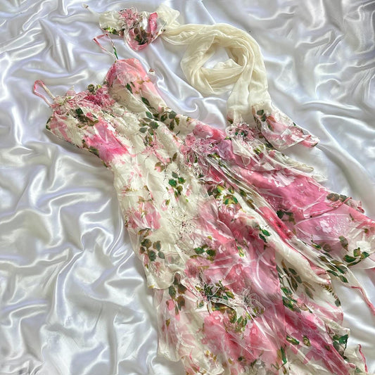 Pink Gorgeous Lightweight Delicate Floral Spaghetti Straps Long Chiffon Ball Gown Evening Dress Party Dress gh3337