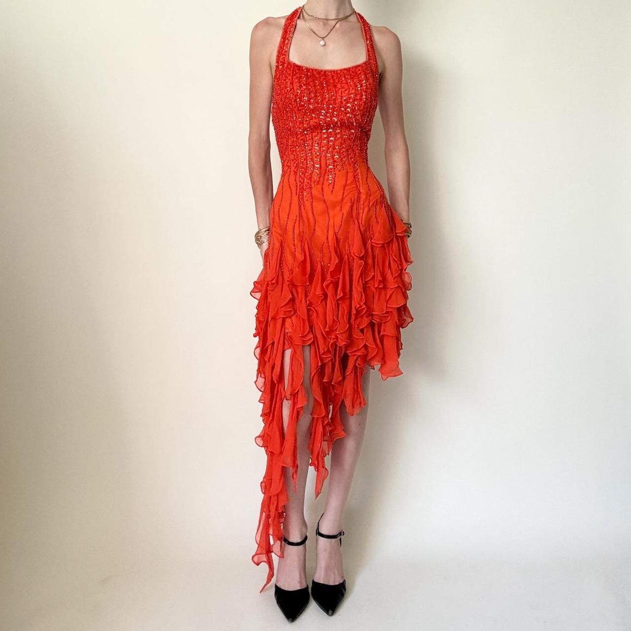Girlhomeshops-Orange Sequin Beaded Ruffle Chiffon Short/Mid-Length Homecoming Dress Dance Dress Party Dress gh5084