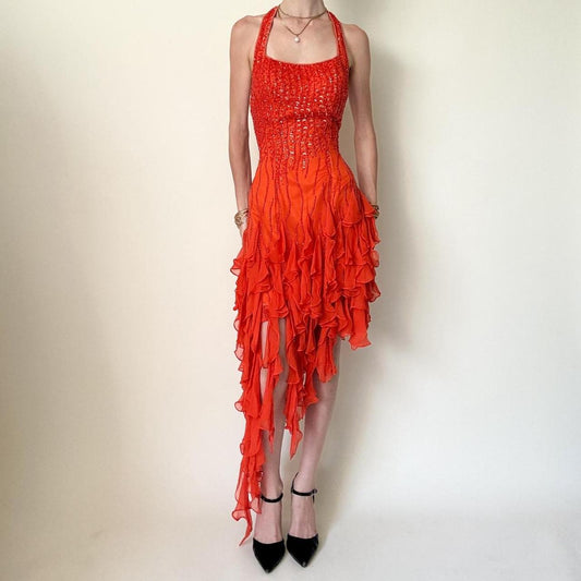 Girlhomeshops-Orange Sequin Beaded Ruffle Chiffon Short/Mid-Length Homecoming Dress Dance Dress Party Dress gh5084