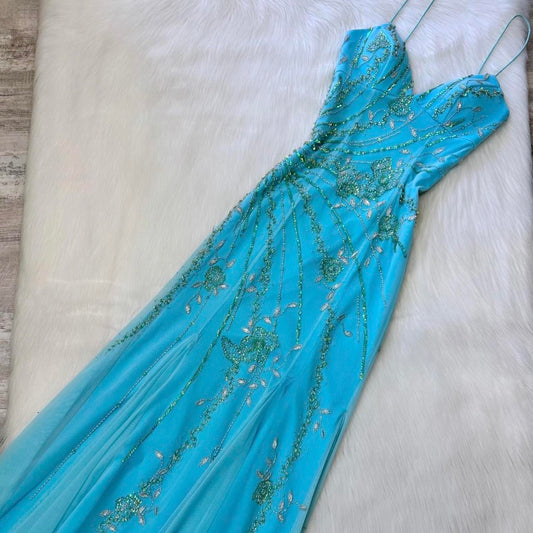 Robe de bal longue rétro bleu clair, superbe et élégante, à paillettes, dos nu, robe de soirée féerique Y2K, robe de soirée gh4517