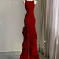 Black/Wine Red/White Fashion Elegant Spaghetti Strap Backless Long Chiffon Mermaid Slim Ruffle Ball Gown gh3460