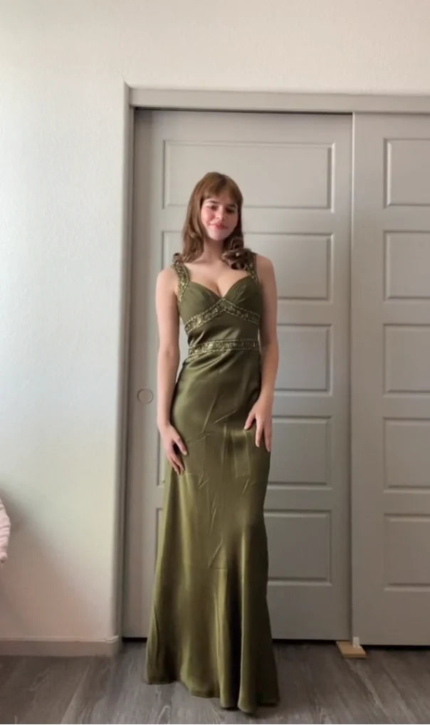 Olive Green Vintage Fashion Elegant Beading Bodycon Long Prom Gown Evening Dress Party Dress gh3459