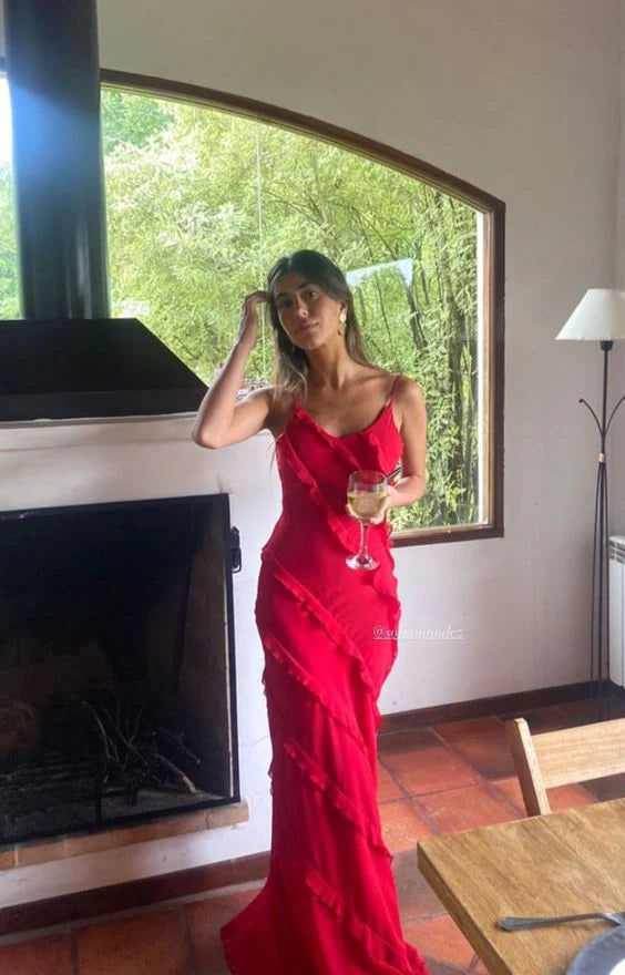 Red Maxi Prom Dress With Frill Detail Backless Party Dress gh2922