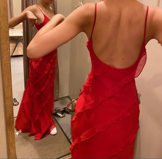 Red Maxi Prom Dress With Frill Detail Backless Party Dress gh2922