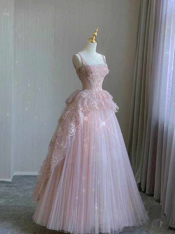 Robe de soirée longue en tulle rose à perles exquises gh4896