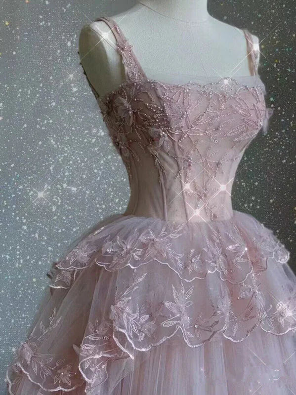 Robe de soirée longue en tulle rose à perles exquises gh4896