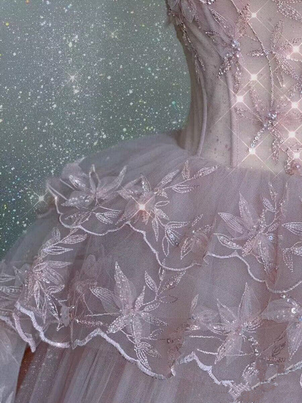 Robe de soirée longue en tulle rose à perles exquises gh4896