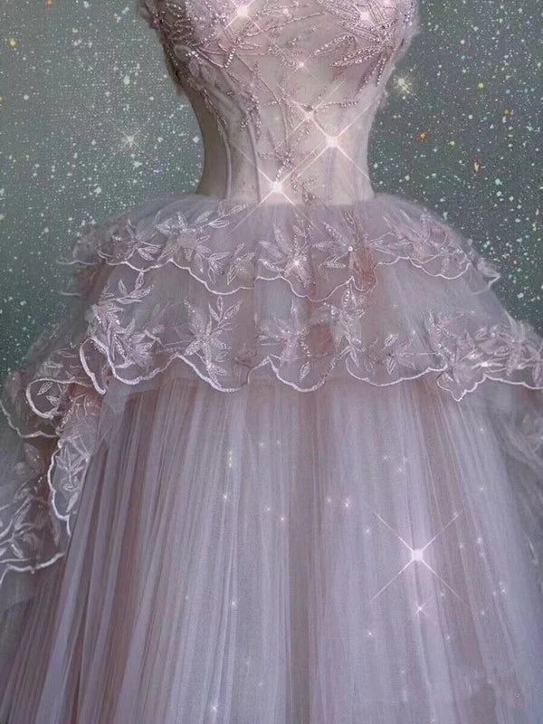 Robe de soirée longue en tulle rose à perles exquises gh4896