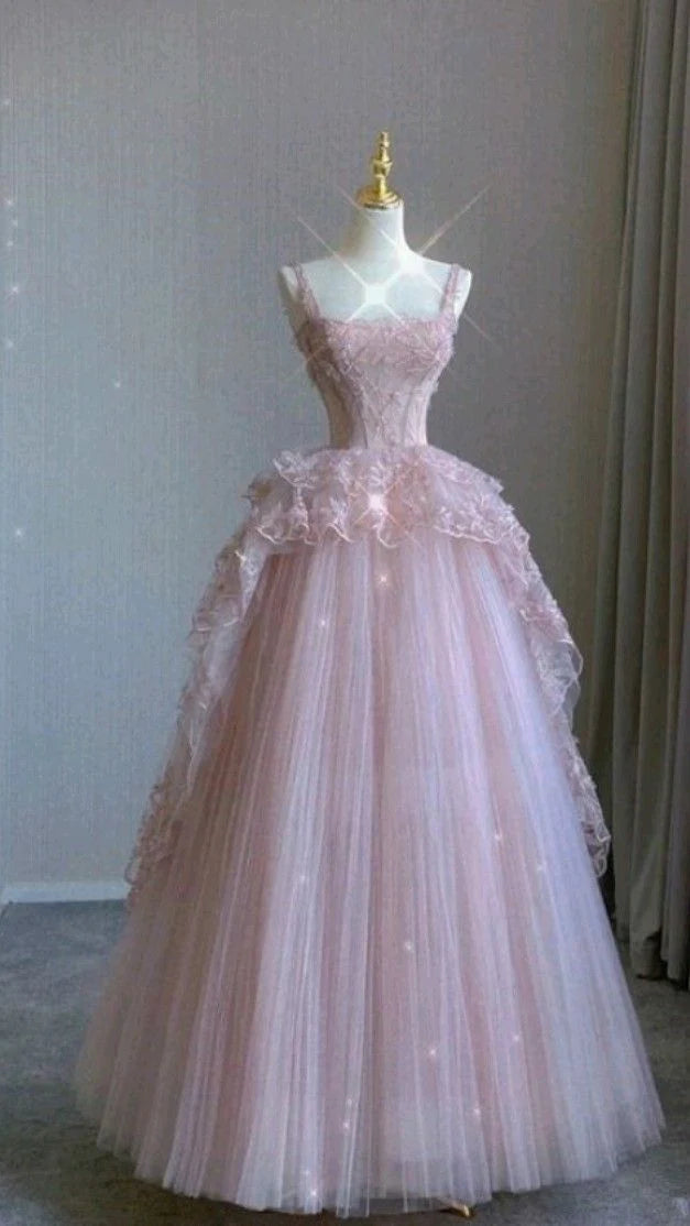 Robe de soirée longue en tulle rose à perles exquises gh4896