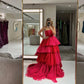 Hot Pink Tulle Tiered Floor Length Maxi Ball Gown Evening Dress gh3069