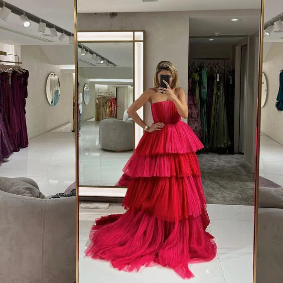 Hot Pink Tulle Tiered Floor Length Maxi Ball Gown Evening Dress gh3069