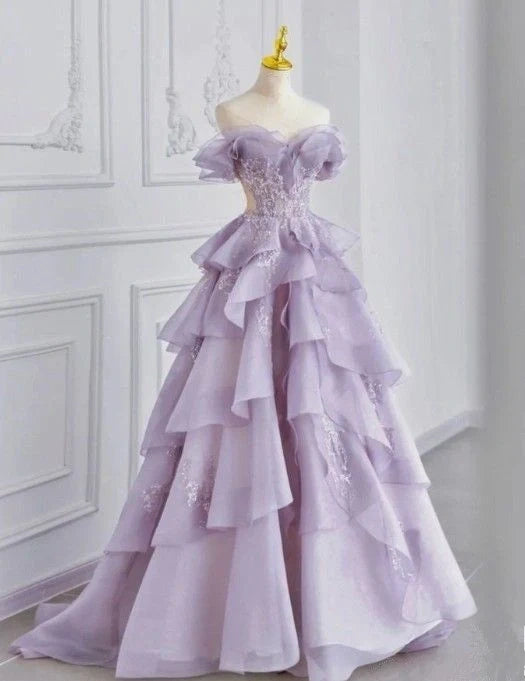 Purple Fairy Gorgeous Elegant Fashion A-Line Off-the-shoulder Long Tulle Ball Gown Evening Dress gh3462