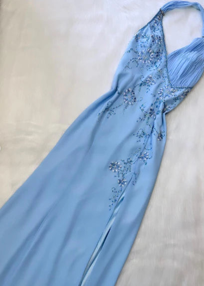 girlhomeshops--Blue Fashion Suspenders Exquisite Beading Beautiful Open Back Slit Chiffon Ball Gown Long Evening Dress gh5611