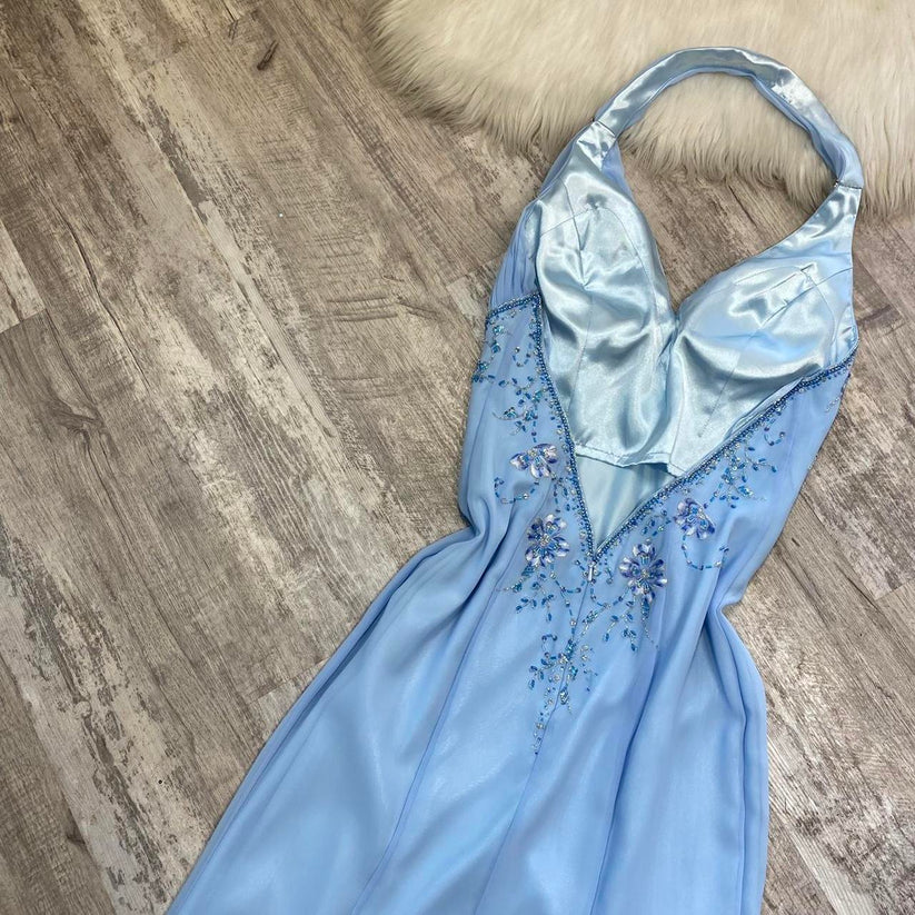 girlhomeshops--Blue Fashion Suspenders Exquisite Beading Beautiful Open Back Slit Chiffon Ball Gown Long Evening Dress gh5611