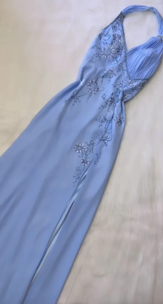 Belle robe de soirée en mousseline de soie bleu clair, robe de bal, robe de soirée, robe de bal, robe de fête d'anniversaire, robe de soirée ...