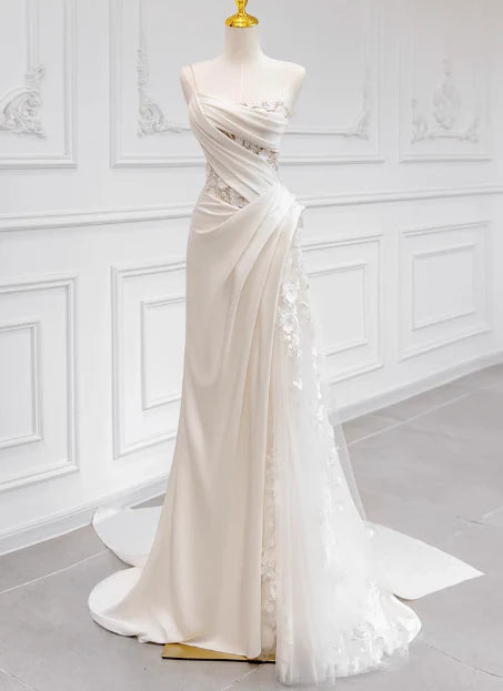 Girlhomeshops - Robe de mariée longue en satin blanc à fleurs et dentelle, épaules dénudées, longueur au sol, robe de bal gh5393