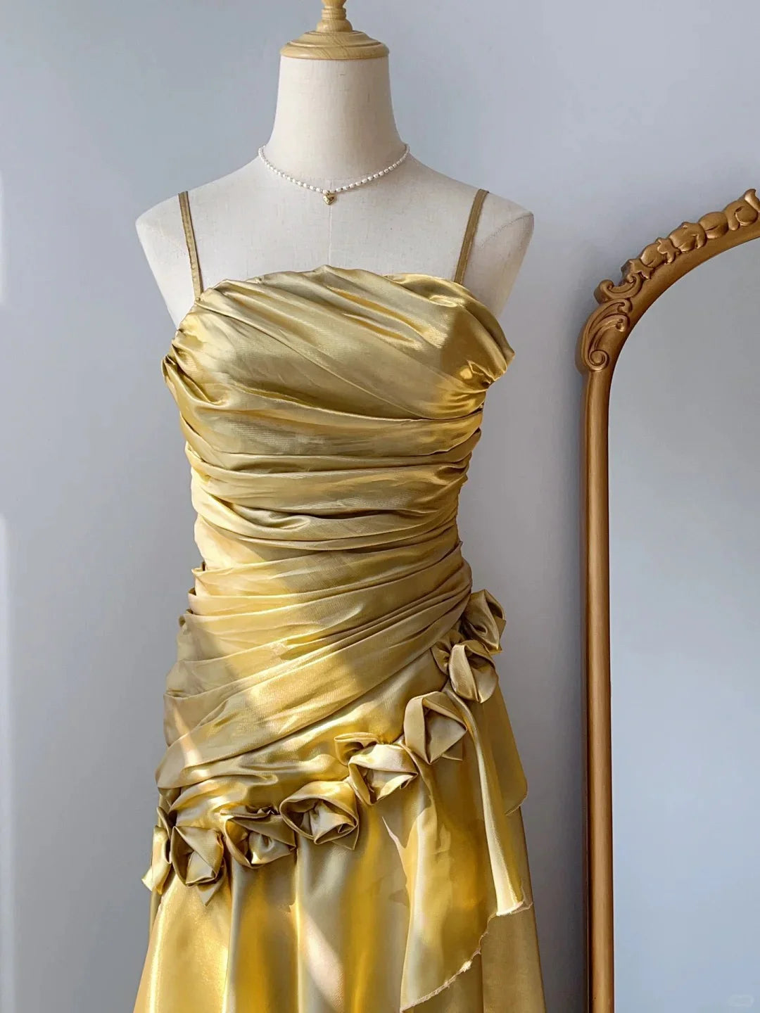Yellow vintage fashion elegant long satin formal Prom dress evening dress party dress gh4907