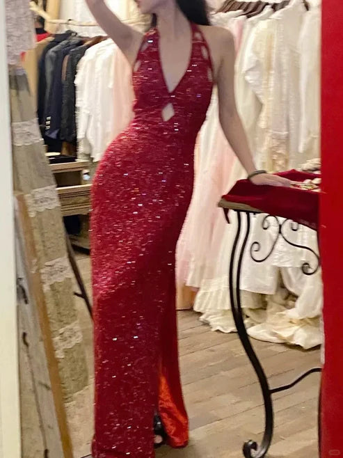 Red shiny backless long sequin formal Prom dress evening dress party dress gh4902