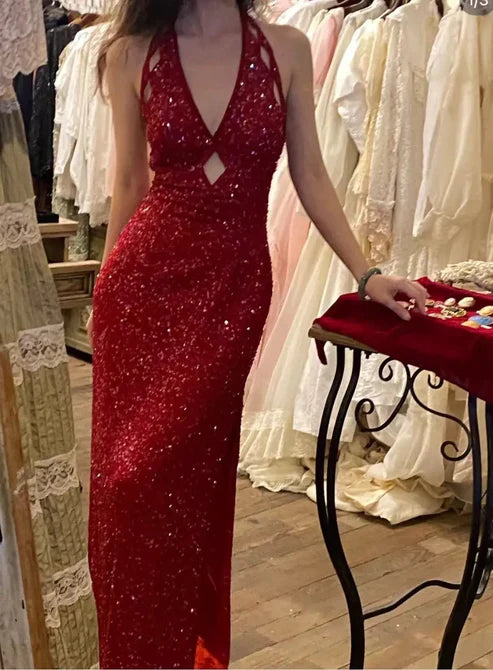 Red shiny backless long sequin formal Prom dress evening dress party dress gh4902