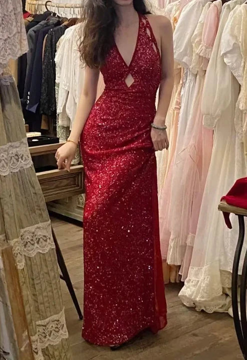 Red shiny backless long sequin formal Prom dress evening dress party dress gh4902
