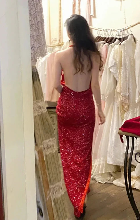 Red shiny backless long sequin formal Prom dress evening dress party dress gh4902