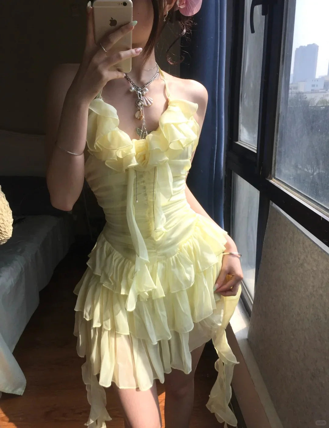 Yellow ruffle short tulle homecoming dress birthday dress gh4912