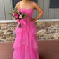 Hot pink elegant fashion long layered tulle bodycon princess ball gown evening dress gh1970