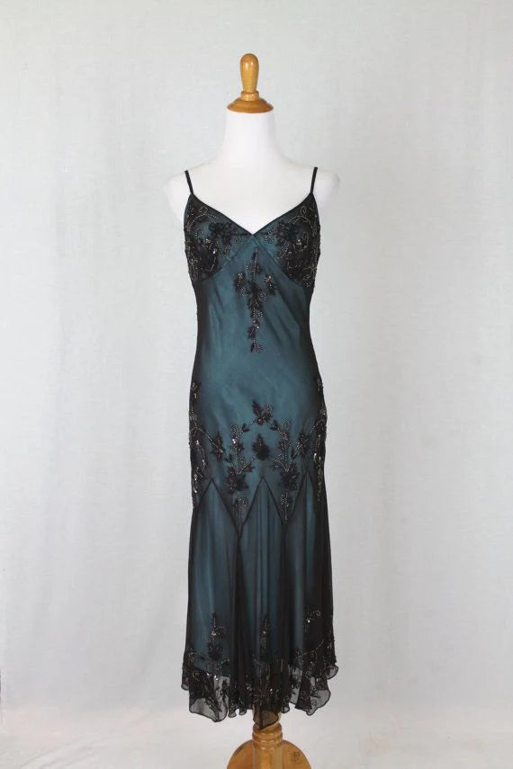 Turquoise Vintage Elegant Exquisite Floral Beading Spaghetti Strap Long Chiffon Ball Gown Evening Dress Birthday Party Dress Formal Women Prom Dress gh3931