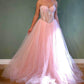 Pink Sparkling A-Line Long Beaded Elegant Halter Neck tulle Ball Gown Evening Dress gh3295