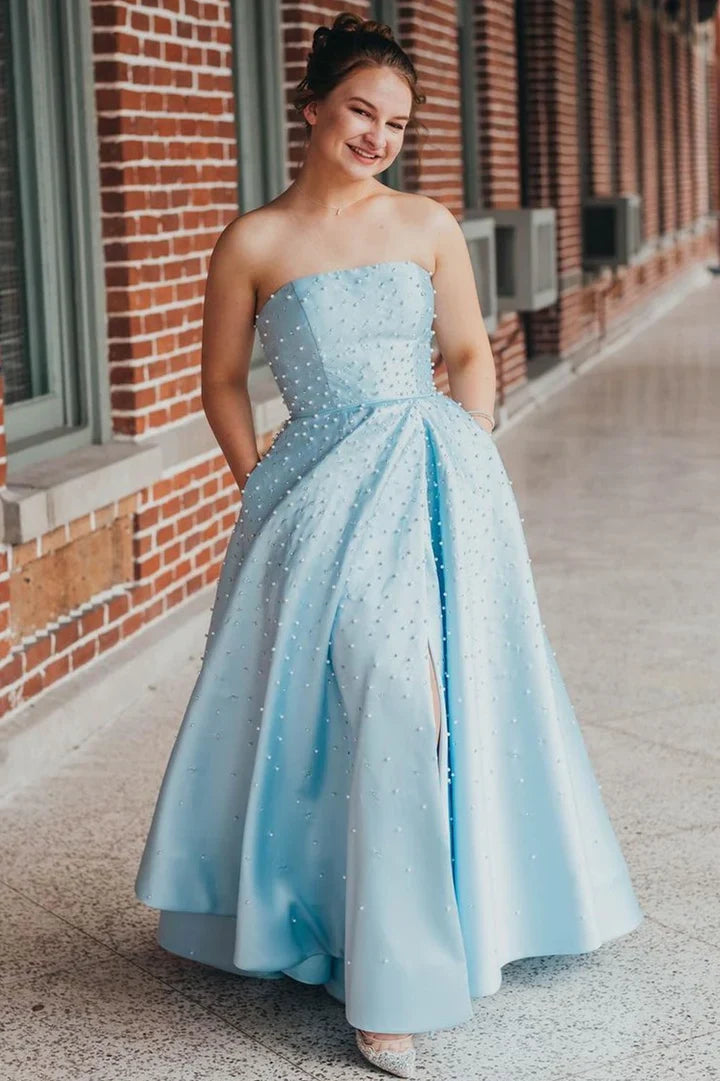 Blue fashion elegant exquisite pearl beading long satin ball gown evening dress gh3308