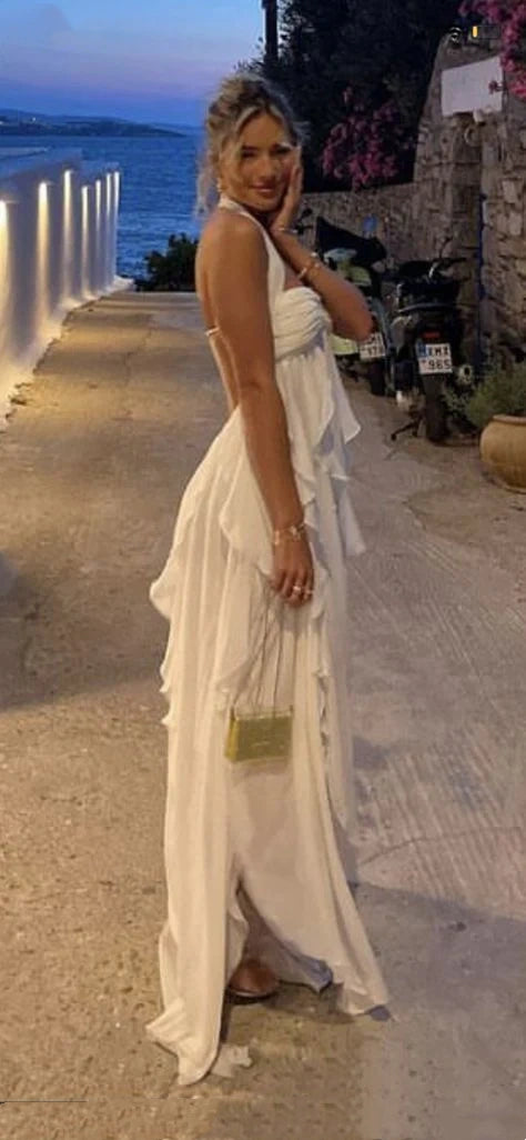 White pure color youthful elegant sweet long chiffon ruffle irregular skirt seaside beach holiday party dress evening dress prom dress gh3538