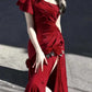 Red One Shoulder Retro Fashion Flower Long Dress gh6657