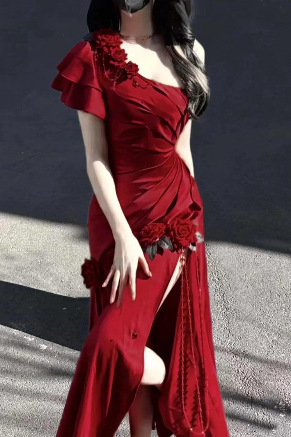 Red One Shoulder Retro Fashion Flower Long Dress gh6657