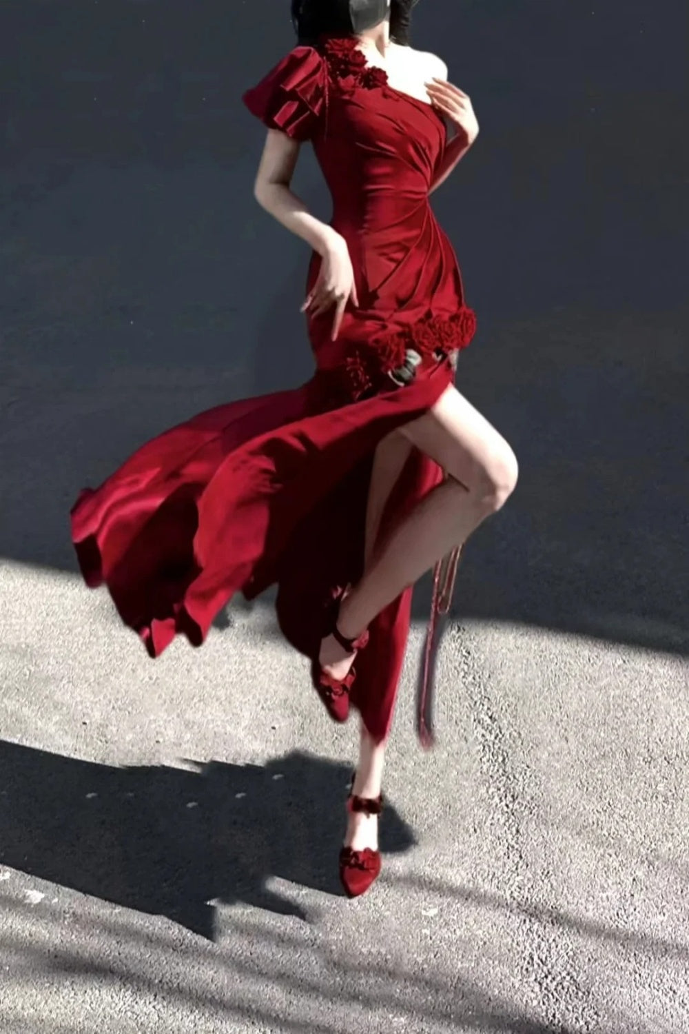 Red One Shoulder Retro Fashion Flower Long Dress gh6657