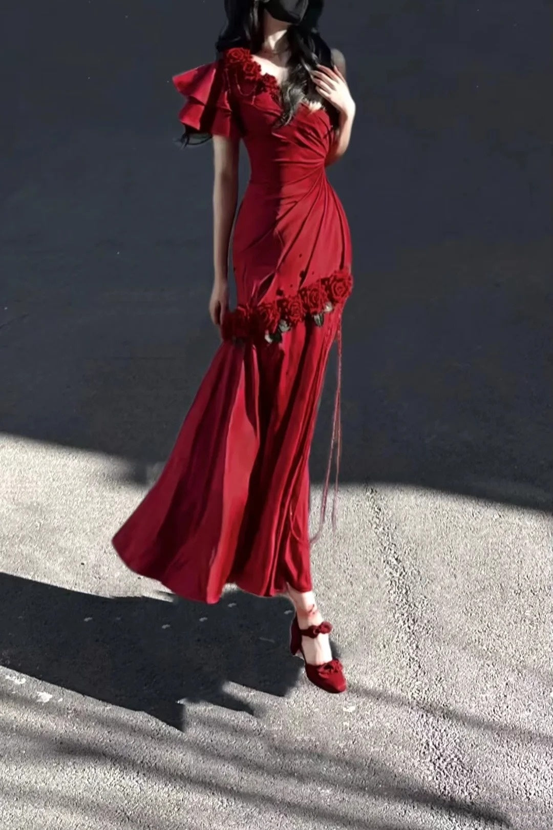 Red One Shoulder Retro Fashion Flower Long Dress gh6657