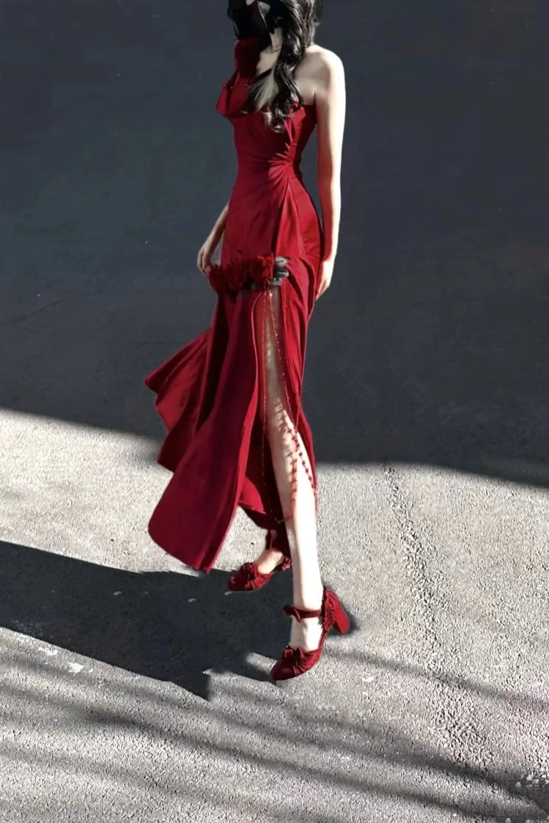 Red One Shoulder Retro Fashion Flower Long Dress gh6657