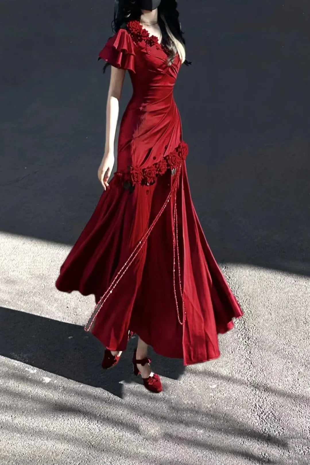 Red One Shoulder Retro Fashion Flower Long Dress gh6657