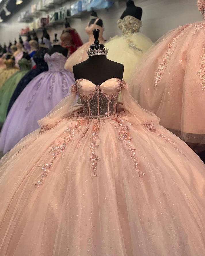 Pink Tulle Applique Beaded Long Sleeve Quinceaine Dress Prom Dress Graduation Dress Evening Dress Sweet 16 Years Old Dress gh3122