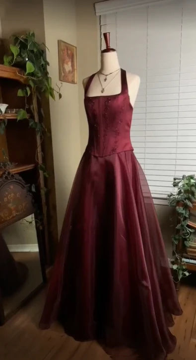 Burgundy red vintage elegant shiny beaded long tulle Prom Gown evening dress party dress gh3457